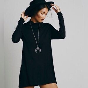 Free People Fantasy Jersey Gemma Black Mock Neck Tunic Dress Boho